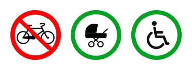 Klasik bebek arabası tekerlekli sandalye erişimine izin verilmez bisiklet bisikleti izin verilmez şeffaf arka planda basit işaret sembolü kümesi vektörü