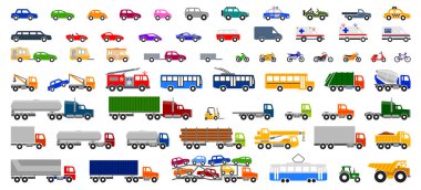 Şeffaf arkaplanda basit araç renkli siluet yan görünüm simgesi vektörünün geniş koleksiyon seti