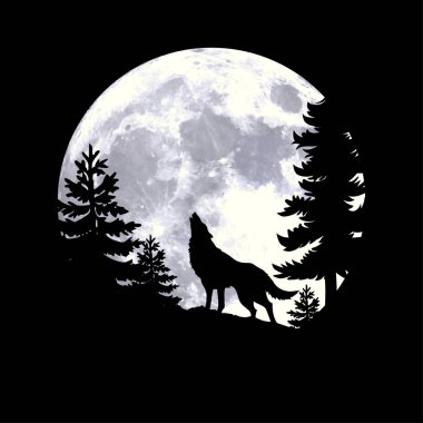 Kurt silueti gece ormanlarında dolunayda, arka plan vektör illüstrasyonunda