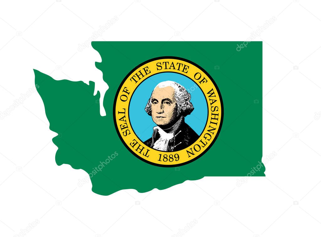 Washington WA state flag in map shape with seal simplified USA vector isolated on transparent background