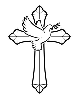 Güzel uçan beyaz güvercin güvercin güvercin ana hatları ve zeytin dalı silueti Hıristiyan haç vektörü üzerinde şeffaf arkaplanda izole edilmiş.