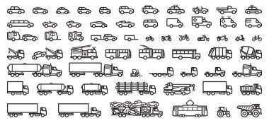 Şeffaf arkaplan üzerinde büyük bir kolleksiyon siyah ana hatlı linework siluet yan görünüm simgesi vektörü