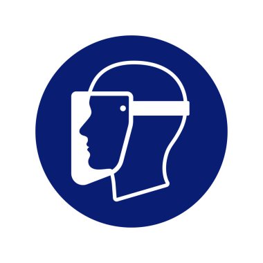 Klasik göz kalkanı koruması uyarı uyarısı gerektirir. Dikkat tehlike işareti. Mavi daire sembolü, şeffaf arkaplanda izole edilmiş.