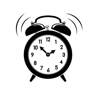 Beyaz yüzlü basit siyah beyaz çizgi film analog alam saat ve şeffaf arkaplanda izole edilmiş 2 çan siluet ikon vektörü