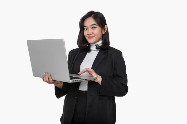 Portatile Donna Affari Donna Con Laptop Sfondo Bianco Isolato Ragazza — Foto Stock