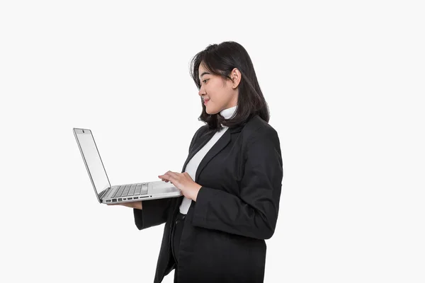 Laptop Mulher Negócios Mulher Com Laptop Fundo Branco Isolado Menina — Fotografia de Stock
