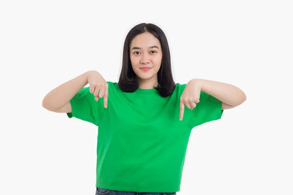 Smiling Asian Woman Pointing Finger Side Product Empty Copy Space — Stock Photo, Image