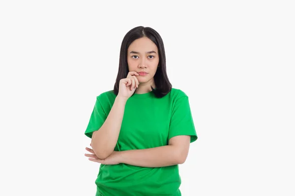 Ung Asiatisk Kvinna Håller Hand Haka Samtidigt Tänka Och Vända — Stockfoto