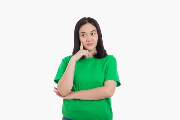 Ung Asiatisk Kvinna Håller Hand Haka Samtidigt Tänka Och Titta — Stockfoto
