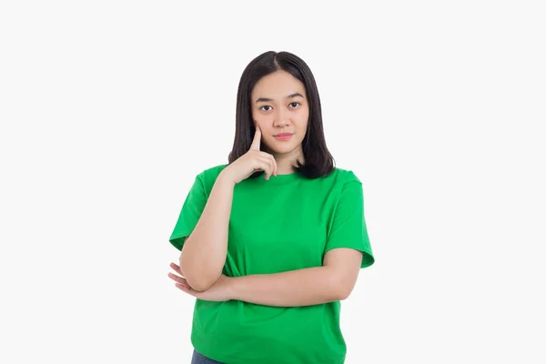 Jong Aziatische Vrouw Houdt Hand Kin Terwijl Denken Gezicht Naar — Stockfoto
