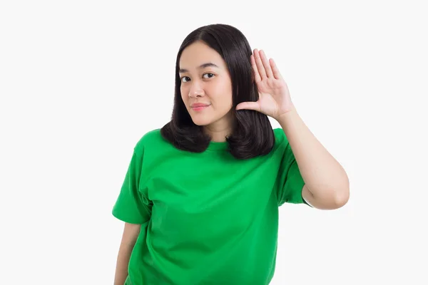 Jong Aziatische Vrouw Zet Een Hand Oor Luisteren Gesprek Iets — Stockfoto