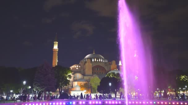 Μια Νυχτερινή Λήψη Ενός Πολύχρωμου Σιντριβανιού Και Τζαμιού Της Αγίας — Αρχείο Βίντεο