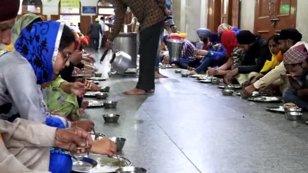 阿姆斯特丹 2019年3月18日 向印度阿姆利萨尔黄金寺庙食品大厅的顾客供应水 — 图库视频影像