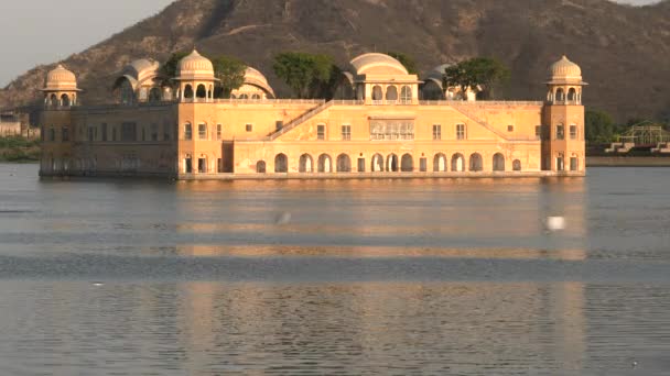 Κλείσιμο Του Παλατιού Jal Mahal Νερό Στο Ηλιοβασίλεμα Στο Jaipur — Αρχείο Βίντεο