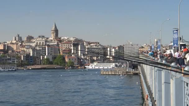 Istanbul Turquía Mayo 2019 Multitud Pescadores Puente Galata Con Torre — Vídeos de Stock