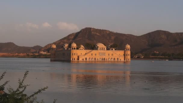 Jaipur Hindistan Günbatımında Tarihi Jal Mahal Sarayı Göl Adamı Efsanesi — Stok video