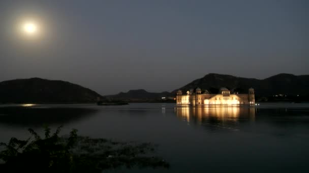 Tiro Noite Palácio Jal Mahal Uma Lua Cheia Jaipur Índia — Vídeo de Stock