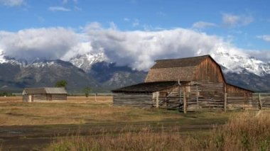 Wyoming, ABD 'deki Grand Teton Ulusal Parkı' nda sonbaharın başlarında kar yağışı olan Moulton ahırı.