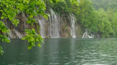 Hırvatistan 'daki Plitvice gölündeki bir ağaç tarafından çerçevelenmiş bir şelale milli parkı gösteriyor.