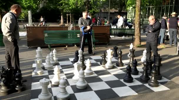ジュネーブ スイス 2019年6月7日 プレイヤーは スイスのジュネーブのパルク ベースで屋外チェスゲームでの次の動きを考えています — ストック動画