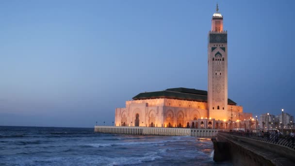 Dusk View Hassan Mosque Seawall Casablanca Morroco — Stock Video