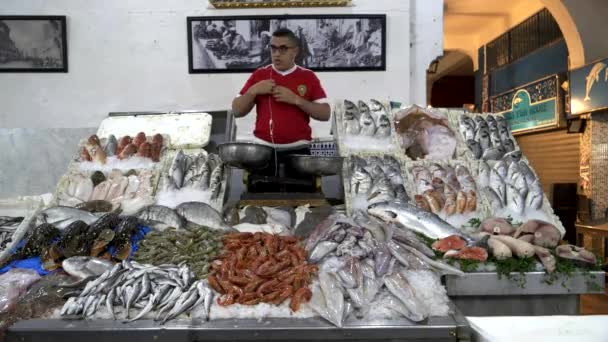 Casablanca Morocco Juni 2019 Een Visverkoper Staat Achter Zijn Presentatie — Stockvideo