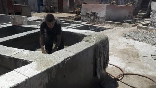 Close Tannery Worker Removing Leather Soaking Bath Marrakesh Morroco — Stock Video