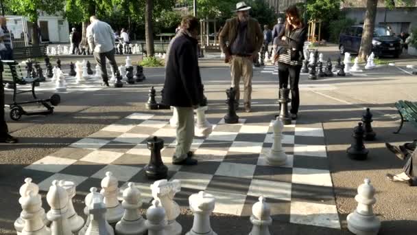 スイスのジュネーブにある公園で大きな屋外チェス駒を動かします — ストック動画