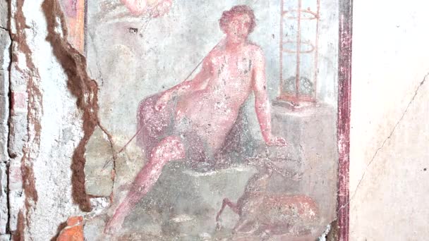 Τοιχογραφία Μιας Γυναίκας Και Ενός Ελαφιού Έναν Τοίχο Στα Ερείπια — Αρχείο Βίντεο