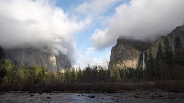 Vidvinkel Vinter Skudt Fra Dal Udsigt Bridalveil Falder Capitan Yosemite – Stock-video