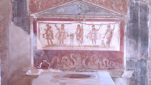 Zoom Lararium Pintado Del Thermopolium Aselli Las Ruinas Pompeya Cerca — Vídeos de Stock