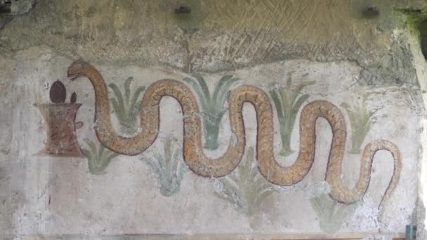 Panorámica Una Pintura Una Serpiente Acercó Altar Redondo Izquierda Una — Vídeos de Stock