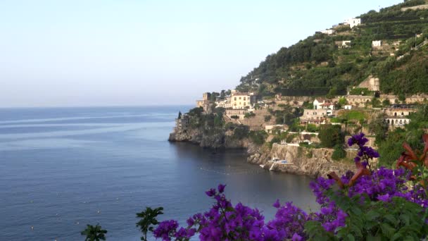Morning View Village Amalfi Coast Purple Bougainvillea Flowers Foreground — Stock Video