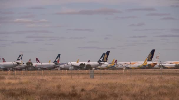 Largo Tiro Aviones Comerciales Reacción Almacenamiento Durante Pandemia Covid Alice — Vídeos de Stock