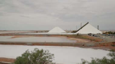 Batı Avustralya 'daki Hedland limanındaki tuz buharlaşma göletlerinin ve stokların geniş bir görüntüsü.