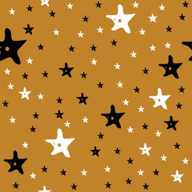 Kış, mutlu Noeller ve kusursuz yeni yıl kartpostalları. Siyah beyaz yıldızlı altın arkaplan. Tatil temalı kumaş. Paket kağıdı