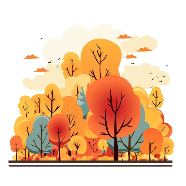 Warm Autumn Landscape Cartoon Style Fall Illustration Colorful Trees Clouds — Stock Vector