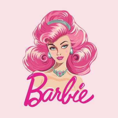 Pembe saçlı ve mavi gözlü şirin bir barbekü bebeği. Logo tasarımı. Vektör illüstrasyonu