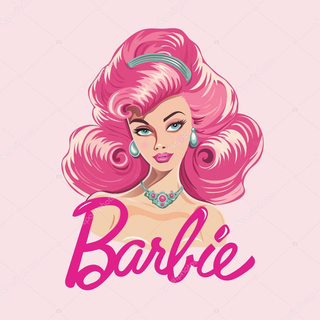 Cute barbie doll with pink hair and blue eyes. Logo design. Vector illustration