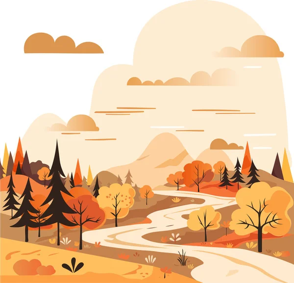 Vector Illustrations Autumn Nature Seasonal Landscape Mountains Trees River Road — Stock Vector