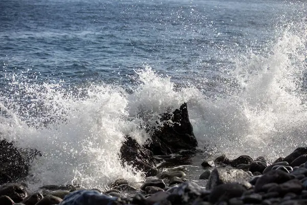 Okyanus dalgaları Portekiz 'deki Madeira Adası kıyılarına vuruyor..
