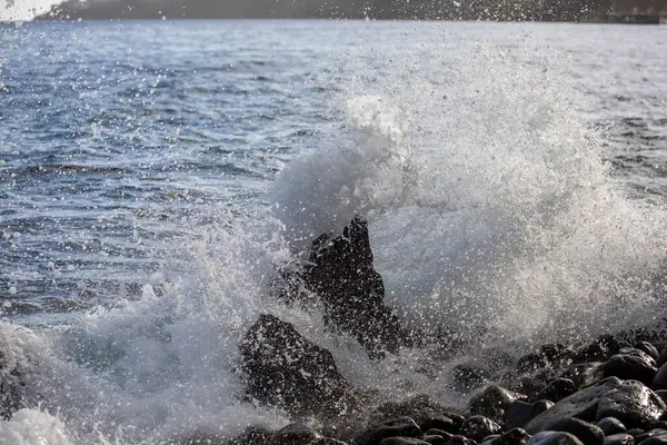 Okyanus dalgaları Portekiz 'deki Madeira Adası kıyılarına vuruyor..
