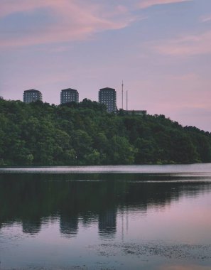 Şehirdeki bir gölün manzarası. 