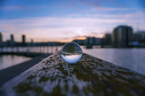 Close Crystal Ball Wooden Post Sky — Stock Photo, Image