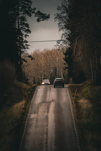 รถสองค นบนถนนชนบท ใบไม — ภาพถ่ายสต็อก