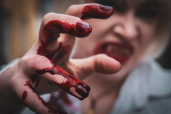 Close Messy Bloody Hand Thats Belongs Vampire — Stock Photo, Image