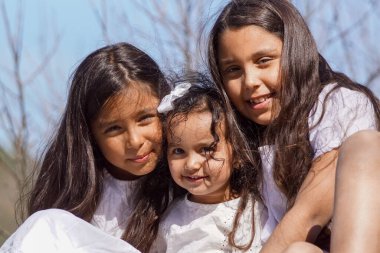 Portrait of sisters sitting on field against clear sky
