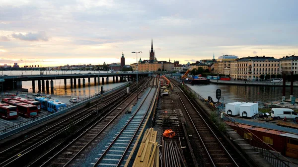 High angle view of railroad tracks against sky during sunset