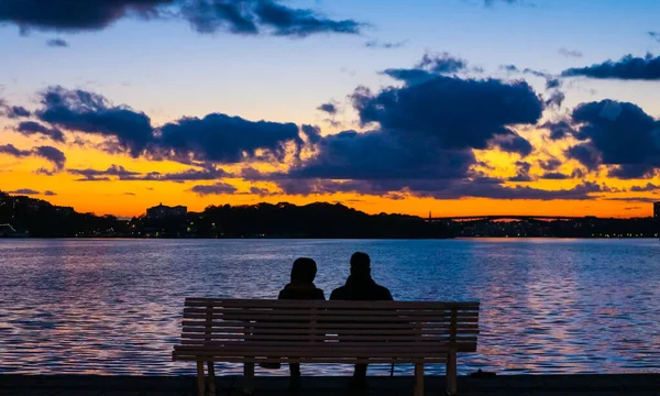 Rear view of silhouette couple sitting on bench by sea against sky