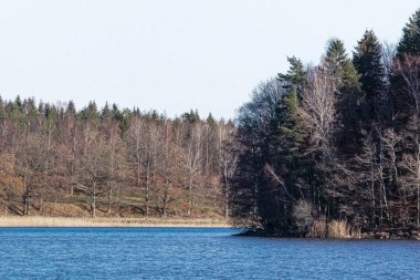 Berrak gökyüzüne karşı gölün manzarası